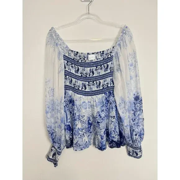Camilla Silk Blouse Puff Sleeve Blue Floral Women’s Medium - Picture 6 of 10
